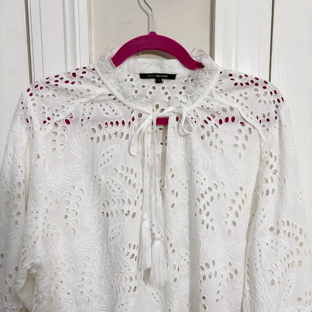 KOBI HALPERIN Winston Cotton Eyelet Blouse in White Size XL - Picture 7 of 14